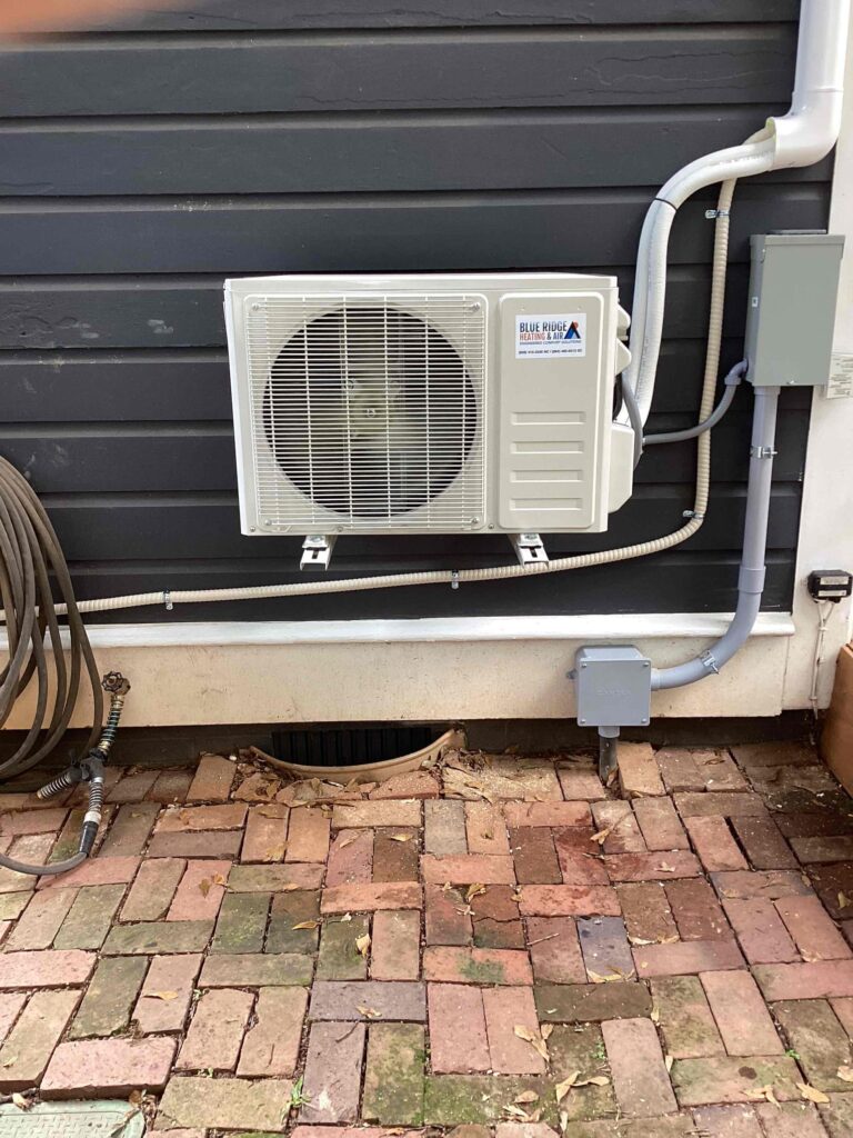 Ductless mini split outdoor heat pump unit in Brevard, NC installed by Blue Ridge Heating & Air